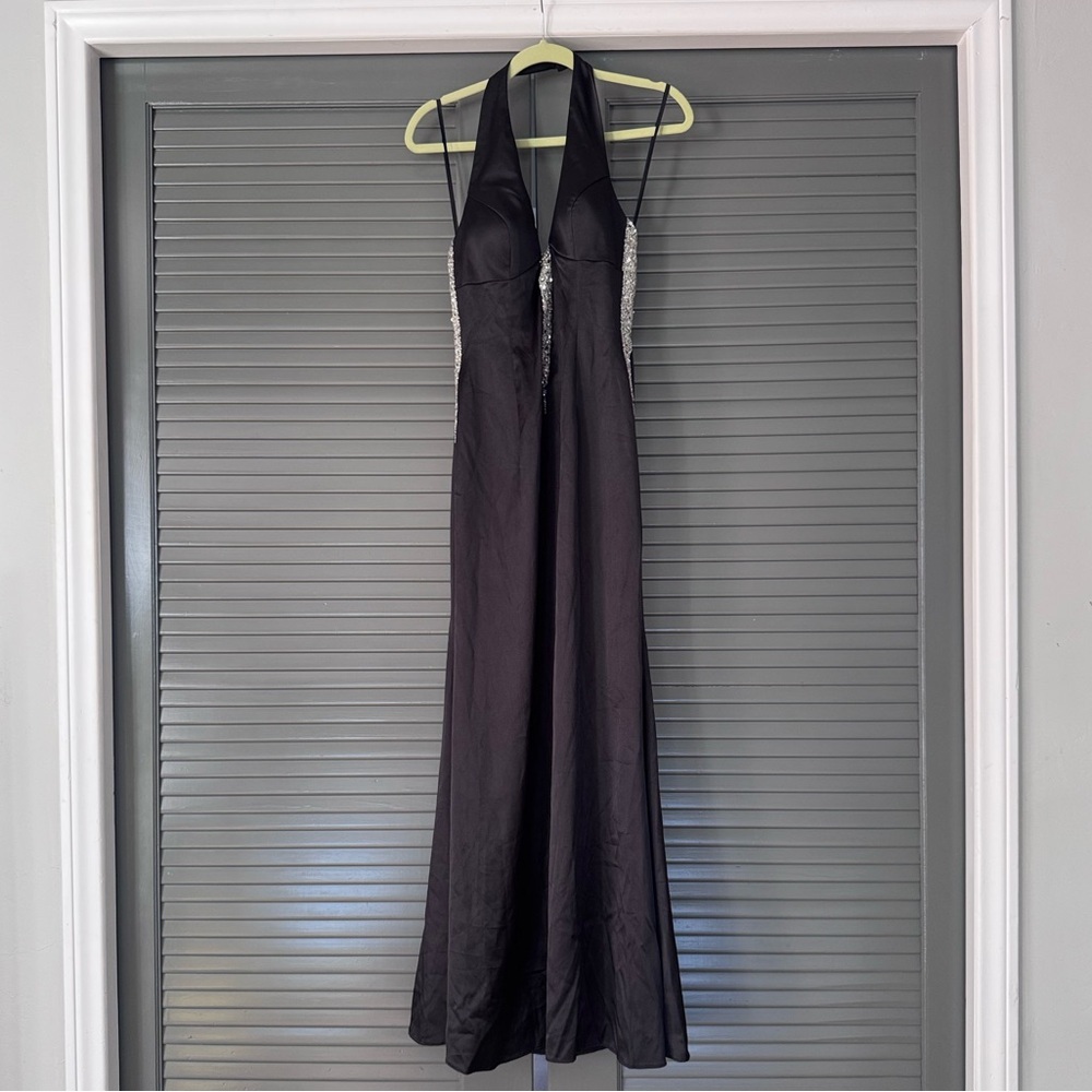 Vintage Cache Black Satin Halter Neck Gown